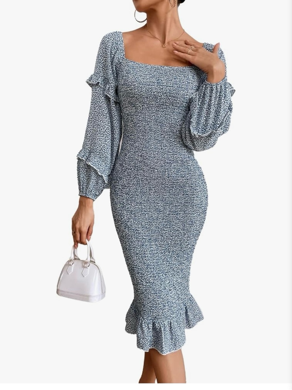 Square-Neck Smocked Midi Dress in Light Blue